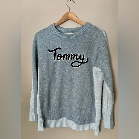 TOMMY HILFIGER pullover crew sweater Velvet logo Y2K streetwear sz L wool cotton - Picture 9 of 13